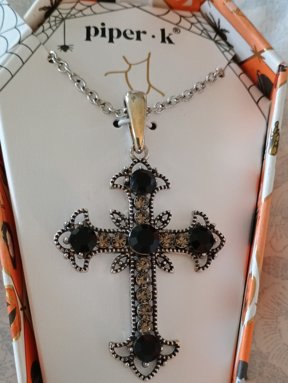 Piper K Gothic Silver & Black Glass Stone Filigree Cross Pendant Necklace 17"+3